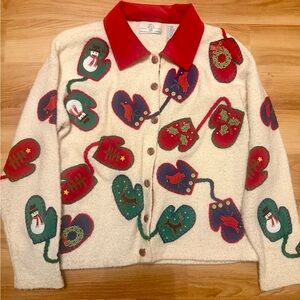 Vintage-Inspired Cream Holiday Wool Button-Up Jacket with Red Collar